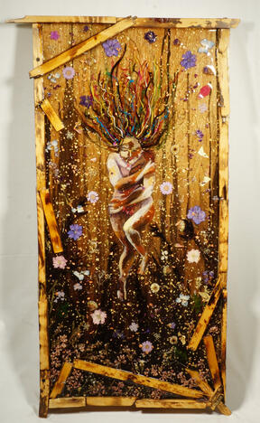 Sublime And Awe | 19.5” x 34.25” | Resin, Ink, Gouache, Fire, Flowers, Wood